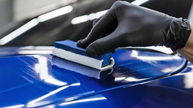 Aplicador de cerámico sobre auto azul