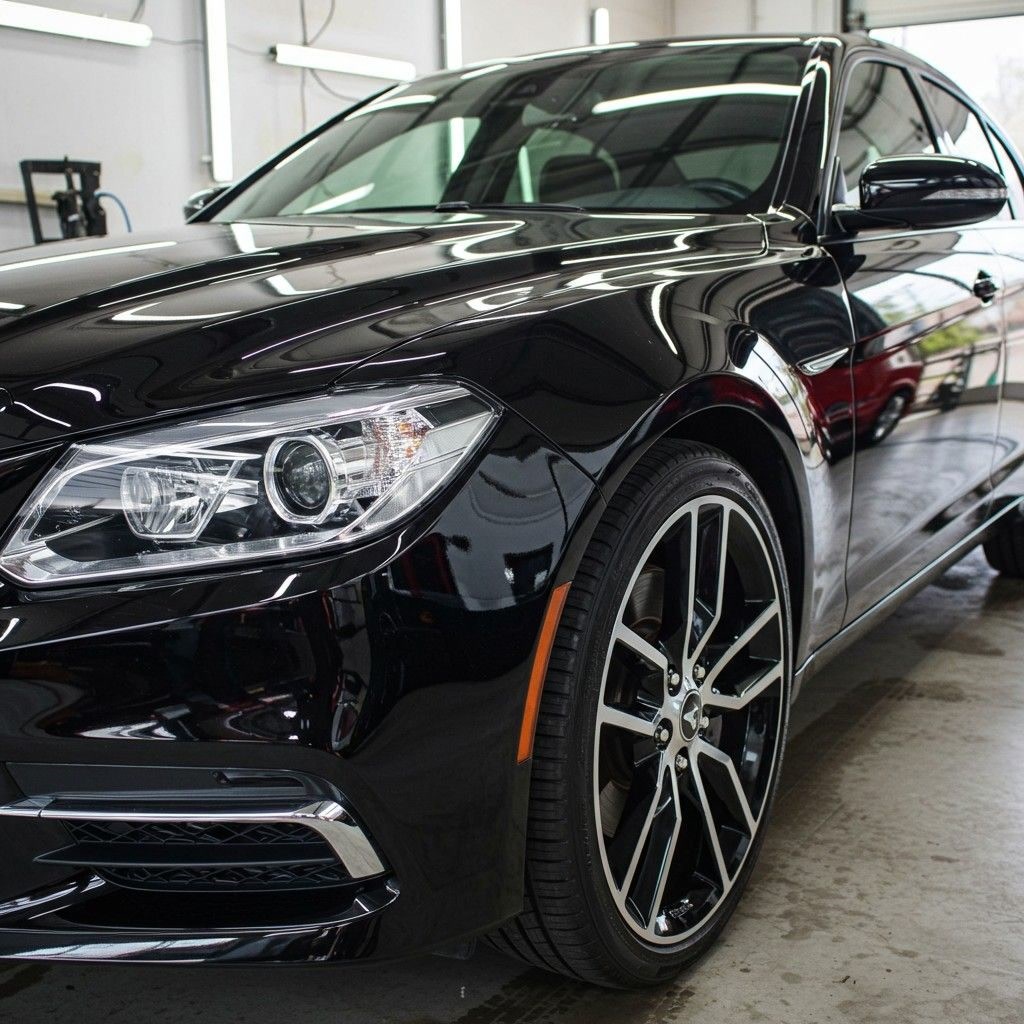 Detallado de pintura automotriz: BMW negro con pintura brillante en estudio